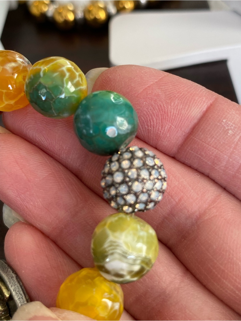 Multicolor Fire/Dragon Vein Agate Beaded Bracelet with a silver 2 side charm - Picture 9 of 17
